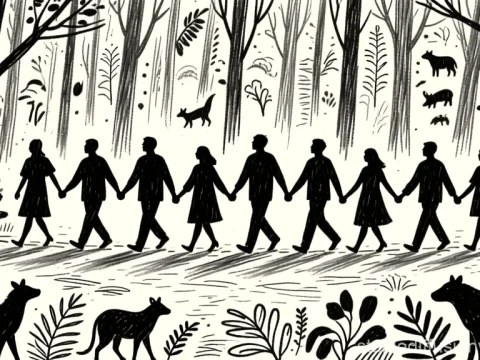 Silhouetted Forest Walkers Holding Hands with Animals