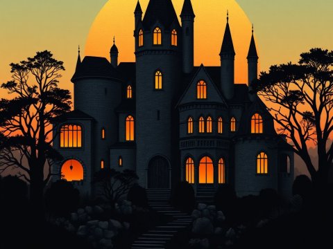 Silhouetted Gothic Castle at Sunset