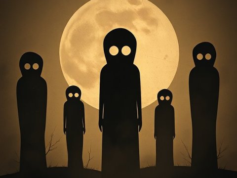 Silhouetted Haunted Figures Against a Full Moon