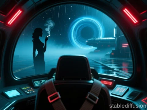 Silhouetted Pilot Smoking in Futuristic Sci-Fi Cockpit
