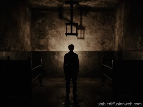 Silhouetted Prisoner in Dimly Lit Vintage Cell