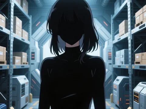 Silhouetted Woman in Futuristic Spacecraft Storage Room