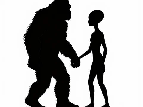 Silhouettes of Sasquatch and Alien Holding Hands