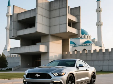 Silver Ford Mustang Parked Near Modern Concrete Building and Mosque