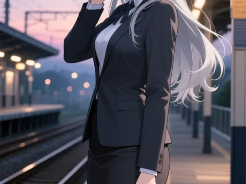 Silver-Haired Woman Waiting at Train Station at Dusk