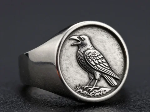 Silver Raven Signet Ring with Detailed Engraving
