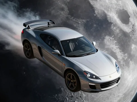 Silver Sports Car Flying Past the Moon
