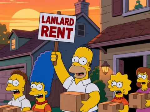 Simpsons Family Moving Out at Sunset with Rent Sign