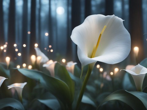Single White Calla Lily in Mystical Forest Glow