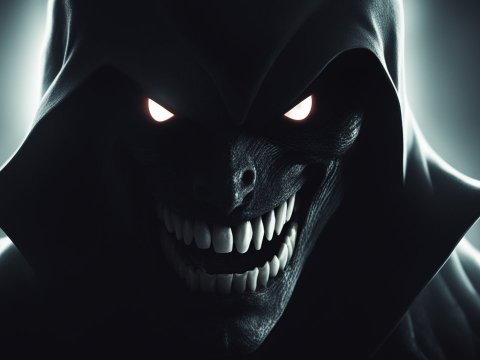 Sinister Shadow Figure with Glowing Eyes and Menacing Smile
