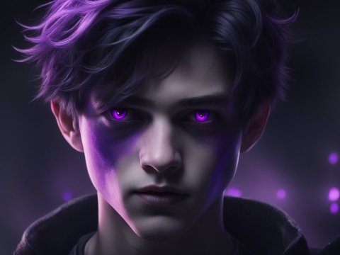 Sinister Young Man with Glowing Purple Eyes