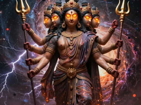 Six-Faced Cosmic God with Glowing Eyes and Tridents