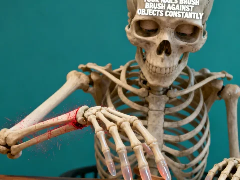 Skeleton Brushing Long Nails with Warning Text