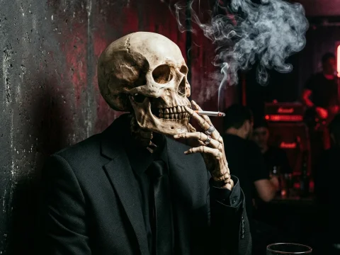 Skeleton in Noir Suit Smoking in a Dark Bar