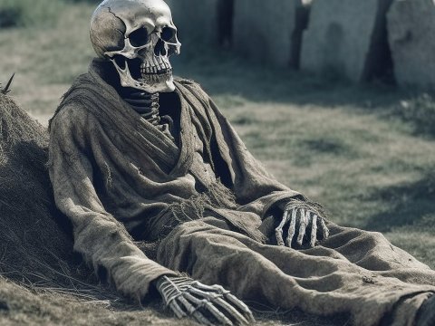 Skeleton in Tattered Robes Resting Against a Tree