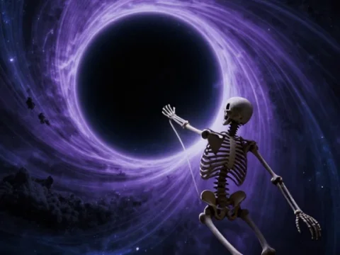 Skeleton Reaching Toward a Purple Black Hole in Space