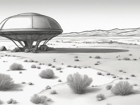 Sketch Drawing of a UFO in a Desert Landscape