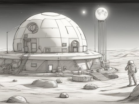 Sketch of a Lunar Base with Astronaut on Moon Surface