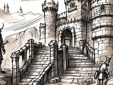Sketch of a Medieval Castle with Mystical Figures
