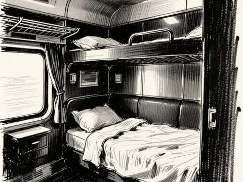 Sketch of a Private Train Compartment with Bunk Beds