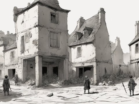 Sketch of a Quiet Village Square with Old Buildings