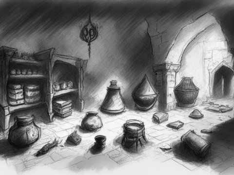 Sketch of an Ancient Storage Room with Pottery and Arches