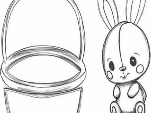 Sketch of Easter Basket and Cute Bunny Toy