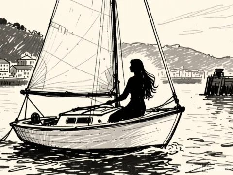 Sketchy Sailboat with Silhouette of Woman at Harbor