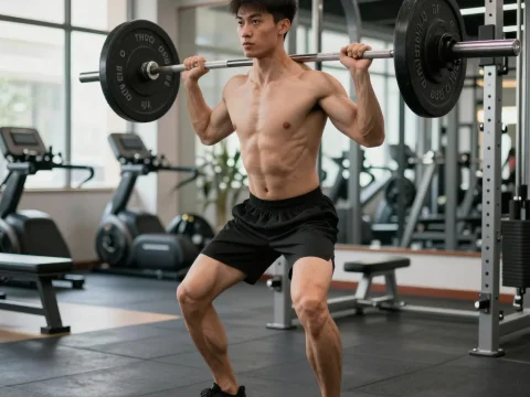 Skinny Man Performing Barbell Squat in Gym