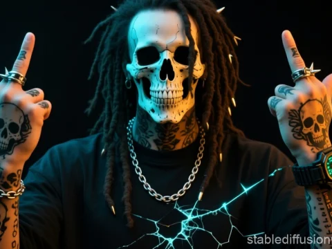 Skull-Faced Figure with Tattoos and Cyberpunk Vibes