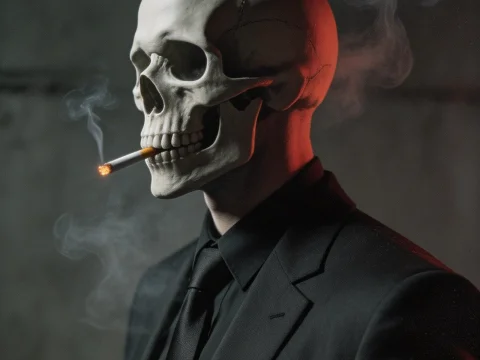 Skull in Black Suit Smoking a Cigarette