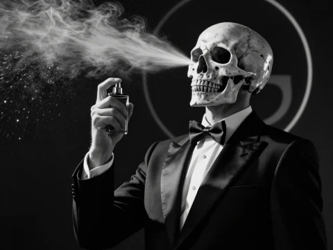 Skull in Tuxedo Spraying Fragrance in Black and White