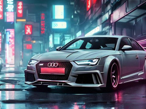 Sleek Audi RS3 in Neon-Lit Urban Nightscape