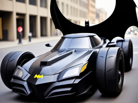 Sleek Black Batmobile with Iconic Bat Wings in Urban Setting
