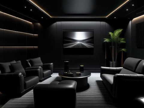 Sleek Black Themed Home Cinema Room with Modern Seating