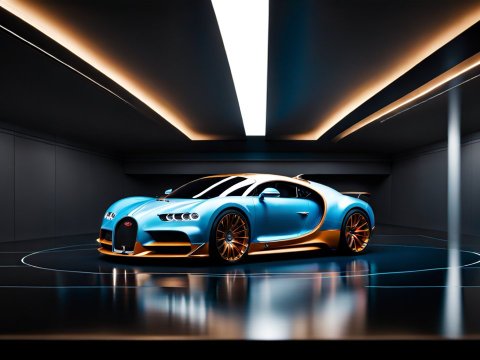 Sleek Blue and Gold Bugatti Sports Car in Modern Garage