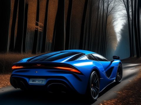 Sleek Blue Sports Car on a Forest Road at Dusk