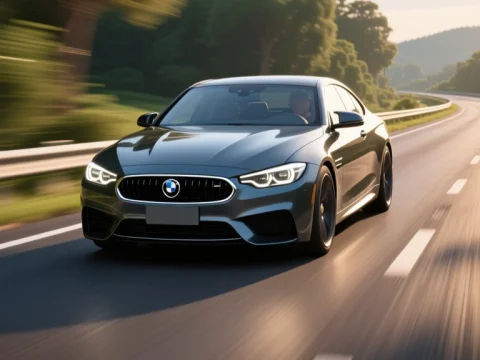 Sleek BMW Driving on a Scenic Road at Sunset
