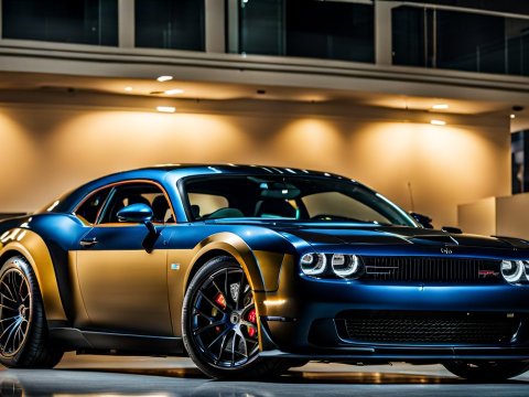 Sleek Dodge Challenger with Custom Blue and Gold Finish