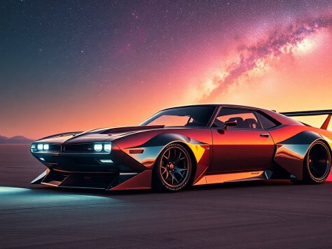 Sleek Muscle Car at Sunset with Starry Sky