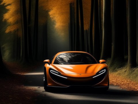 Sleek Orange Sports Car in a Dark Autumn Forest