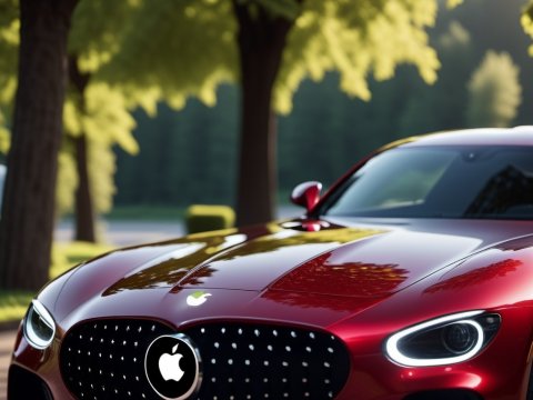 Sleek Red Sports Car with Apple Logo Grille