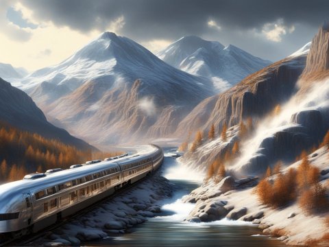 Sleek Silver Train Traveling Through Snowy Mountain Valley