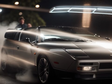 Sleek Sports Car in Nighttime Urban Setting with Light Trails