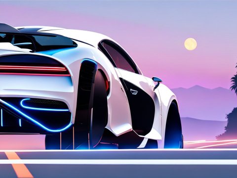 Sleek White Sports Car at Sunset with Neon Highlights