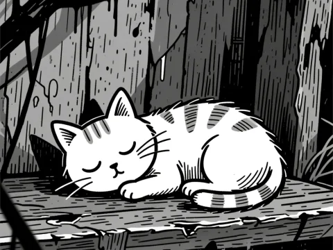 Sleeping Cat on Weathered Wooden Bench in Gloomy Setting