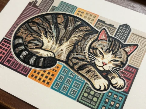 Sleeping Cat Over Colorful Cityscape Illustration
