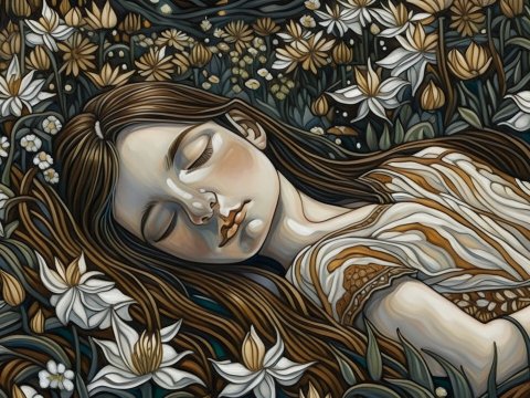 Sleeping Girl Surrounded by Flowers in a Stylized Painting