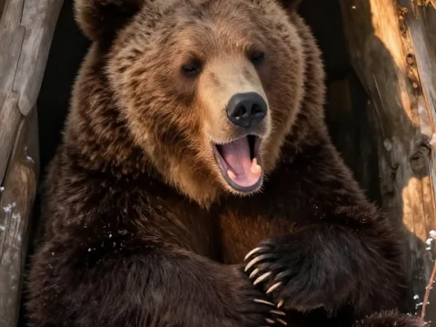 Sleepy Brown Bear Resting in Snowy Den
