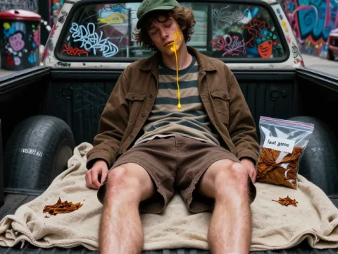 Sleepy Young Man Relaxing in Graffiti-Lined Alley